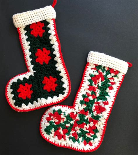 Vintage Pair Of Hand Crocheted Granny Square Christmas Stockings Etsy