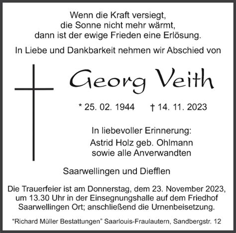 Traueranzeigen Von Georg Veith Saarbruecker Zeitung Trauer De