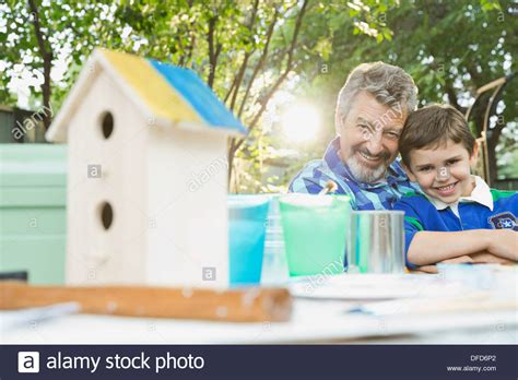 Grandfather Grandson Smiling Camera Portrait Hi Res Stock Photography