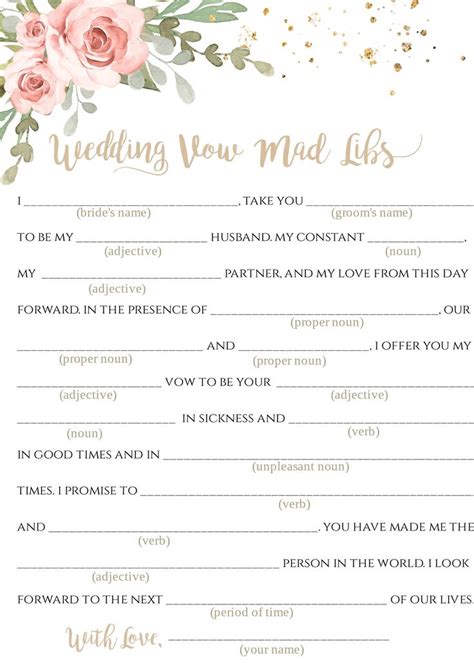 Wedding Vow Mad Libs Game Template For Bridal Shower Printable Mad Libs Game Diy Editable Pink