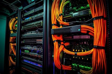 Cabos de fibra óptica conectados a portas ópticas no data center Foto