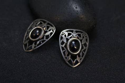 Sterling Silver Modern Onyx Filigree Earrings, Modernist Sterling