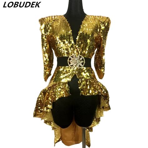 Nightclub Bar Female Ds Sexy Costume Gold Silver Sequins Tail Skirt Singer Jazz Dance Team