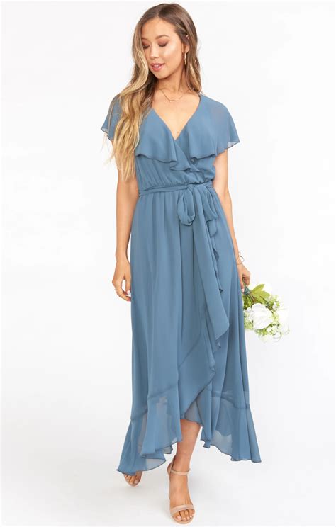 Jess Ruffle Midi Dress Slate Blue Chiffon Blue Bridesmaid Dresses