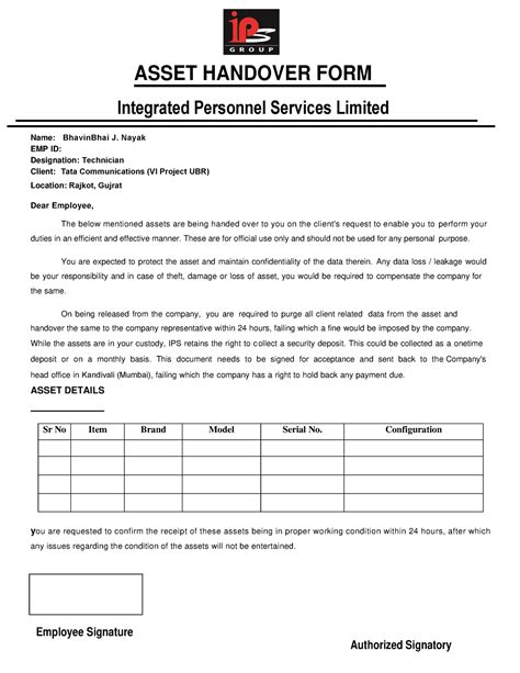 Asset Handover Form Fill Online Printable Fillable Blank 54 Off