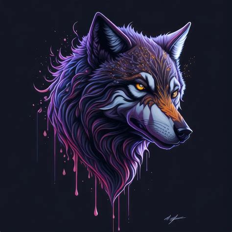 Un Lobo Colorido Con Un Fondo Morado Y Negro Foto Premium