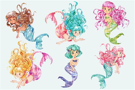 Watercolor Mermaids Clipart Set Design Cuts