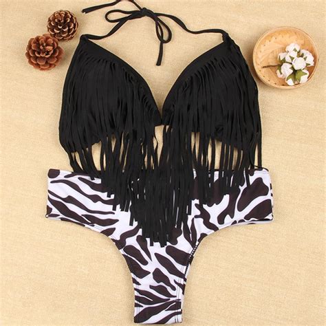 Womens Ladies Sexy Triangle Fringe Top Black Zebra Halter Bikini