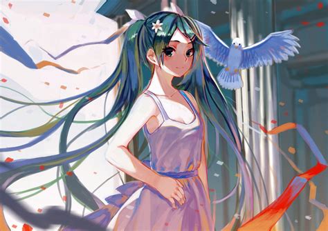 Wallpaper Illustration Birds Flowers Anime Girls Vocaloid