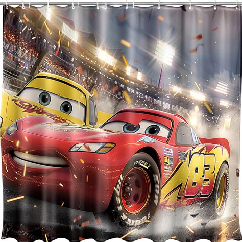 Cars Movie Red Lightning Mcqueen Yellow Shower Curtain Cartoon