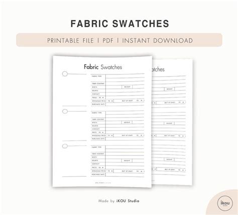 Printable Fabric Swatches Template 2 Versions Pdf A4 A5 Us