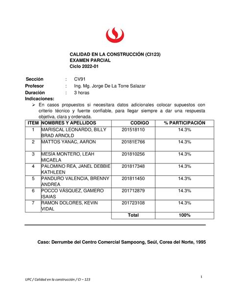 Examen Parcial Grupo 5 CV91 1 CALIDAD EN LA CONSTRUCCIÓN CI123