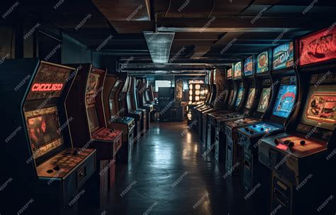 Premium Photo Old Vintage Arcade Video Games In An Empty Dark Gaming Room With Blue Light With