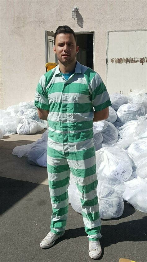 Jail Prison Inmate Jumpsuit Green And White Stripe Halloween Costume One