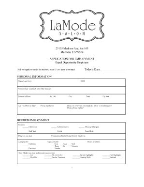 Fillable Online Employment Application La Mode Salon Fax Email Print