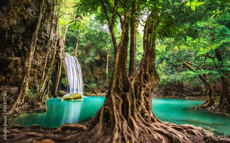 Beautiful nature scenic landscape Erawan waterfall in deep tropical ...