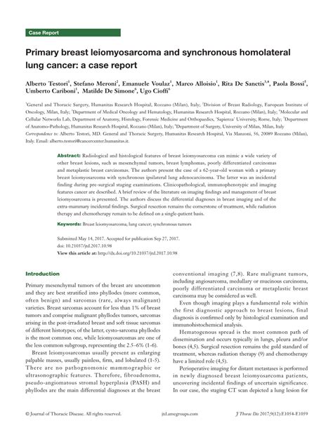 Primary Breast Leiomyosarcoma And Synchronous Homolateral Lung Cancer