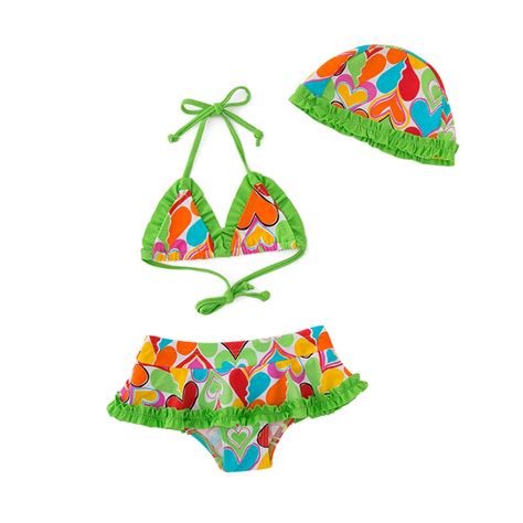 Girl Triangle 3PC Set Swimwear Bikini Beachwear With Heart Shape Printing Swimsuit Set And