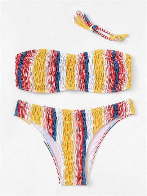 Multicolor Striped Swimsuit Bandeau Top With Smocked Bikini Bottom