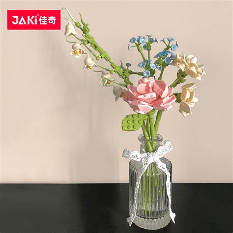 Jaki佳奇积木花束玫瑰永生花diy拼装玩具桌面摆件送女友生日礼物虎窝淘