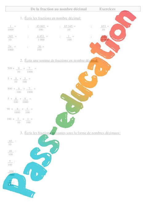 De La Fraction Au Nombre Décimal Cm2 Exercices Numération Cycle 3 Pdf à Imprimer