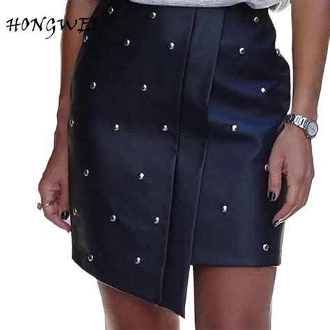 PU Leather Pencil Mini Skirt Beads Embellished Irregular Hem Black Cute