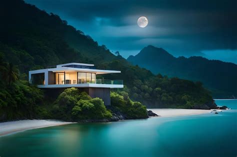 Premium Photo | A house on a beach with a full moon in the background.