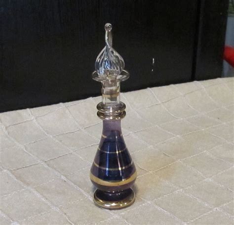 Beautiful Vintage Hand Blown Cobalt Blue And Gold Plated Accents Art Glass 4 Perfume Bottle With