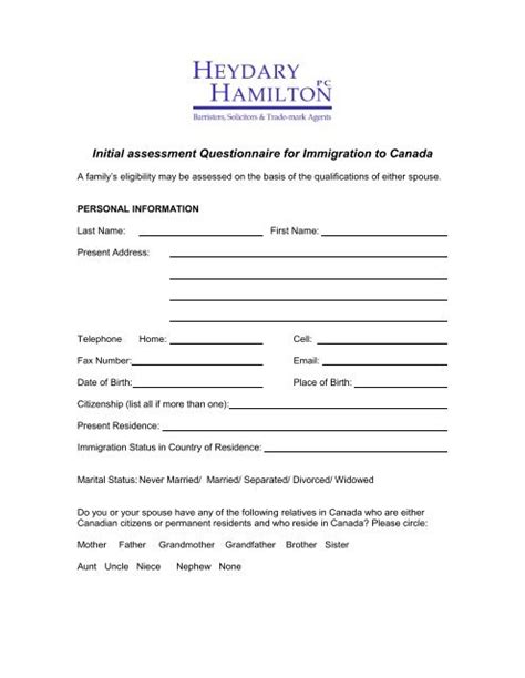 Initial Assessment Questionnaire For Immigration To Canada