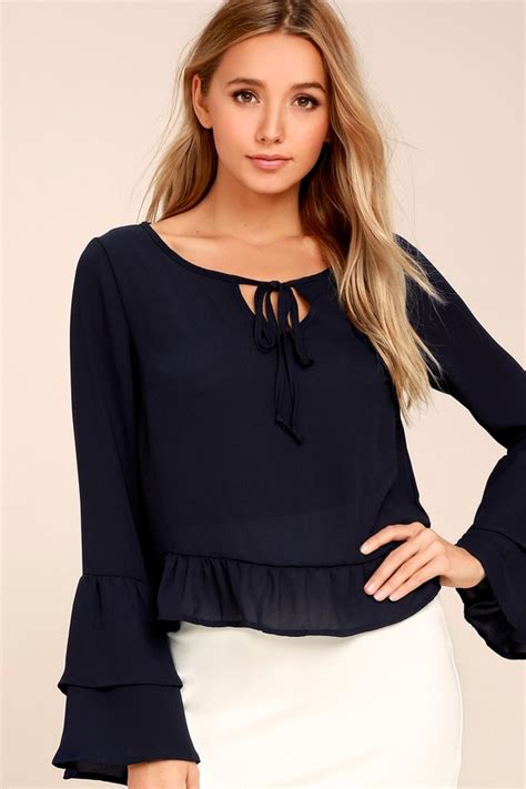 Chic Navy Blue Top Long Sleeve Top Flounce Sleeve Top Lulus