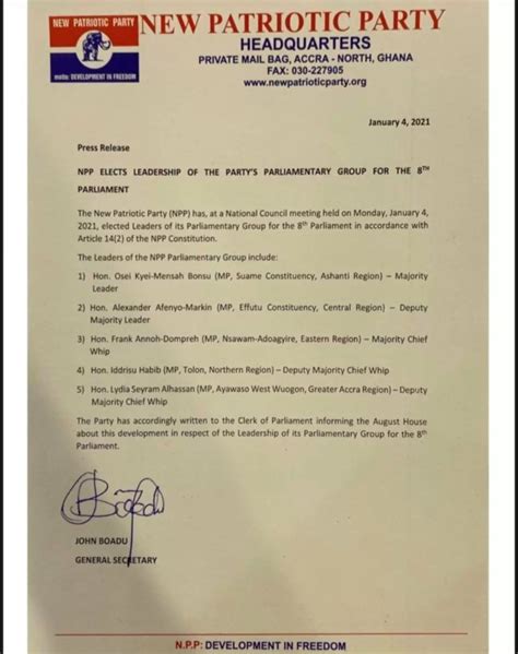 Npp Selects Parliamentary Leadership For The 8th Parliament See List