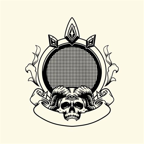 Skull emblem, badge, label, logo or t-shirt print with monochrome vintage style horns, white ...