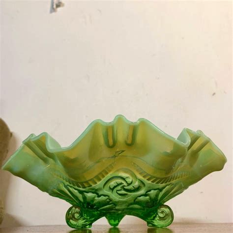 Antique Jefferson Glass Opalescent Green Ruffles And Rings Etsy