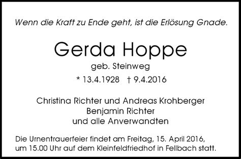 Traueranzeigen Von Gerda Hoppe Stuttgart Gedenkt De