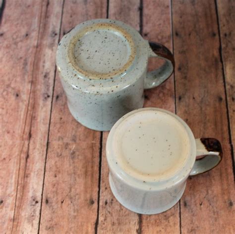 RESERVED For Z Vintage Stoneware Mug Set Of 2 White Brown Blue Rustic