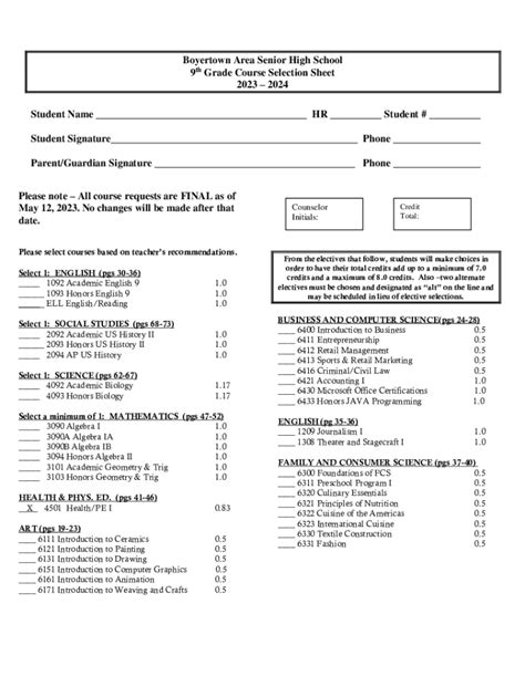 Fillable Online Whs Th Grade Course Selection Worksheet Fax