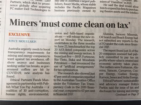 Miners ‘must come clean on tax’ from the Australian Newspaper 27/07/2020 — PWYP Australia