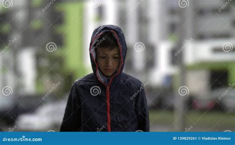 Portrait Offended Sad Boy is Standing in the Rain Stock Image - Image ...