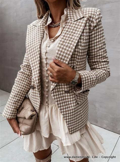 Neuheiten Hahnentritt Damen Blazer Elegant In Beige Damenmode