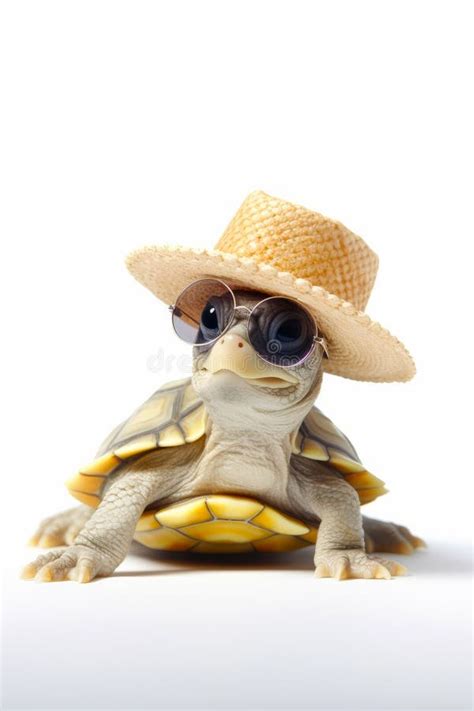 Small Turtle Wearing Straw Hat And Sunglasses Sitting On Top Of Turtle