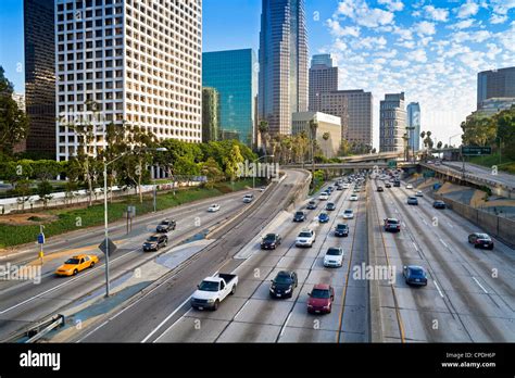 The 110 Harbour Freeway and Downtown Los Angeles skyline, California ...