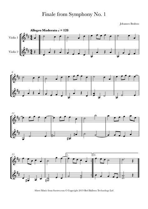 Brahms Finale From Symphony No Theme Sheet Music For Violin Duet