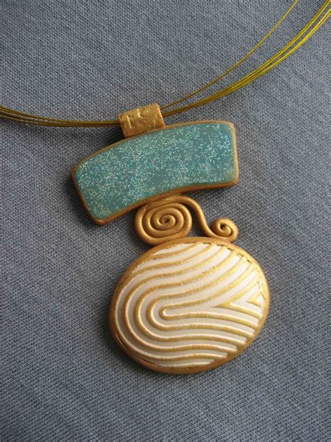 Teal And White Pendant Polymer Clay Necklace Polymer Clay Pendant