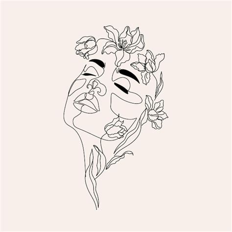 Cabeza De Mujer Con Flores Conjunto De Dibujo De Línea Continua Naturaleza Femenina Retrato