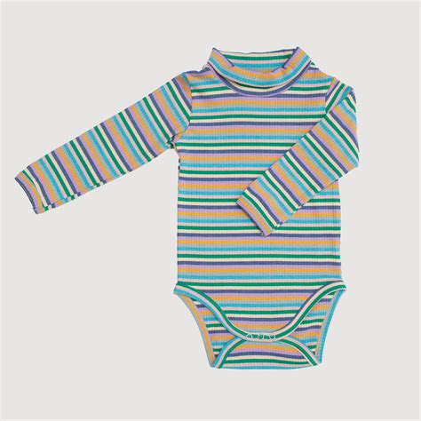 Mock Neck Ribbed Long Sleeve Bodysuit Blue Stripes Bel And Bow