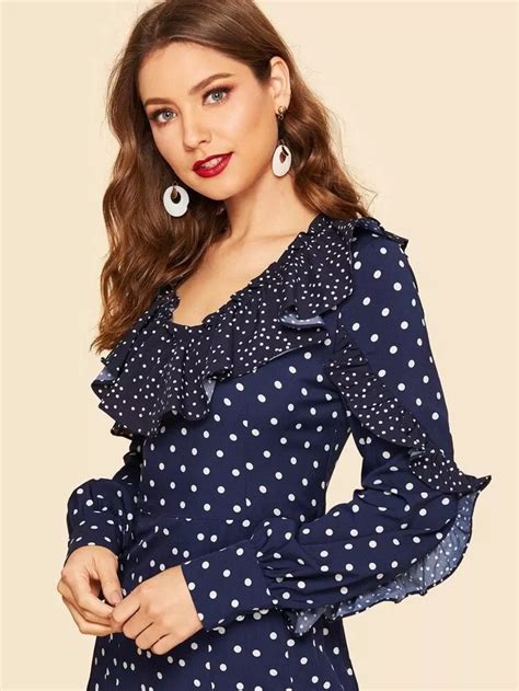 Shein Ruffle Trim Split Polka Dot Dress Dot Dress Polka Dot Dress