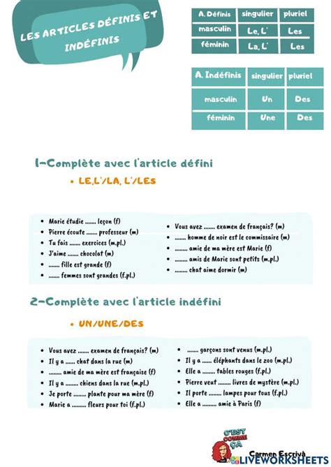 Les Articles Définis Et Indéfinis Interactive Activity Interactive