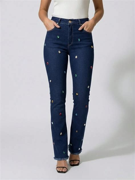 Calça Jeans Com Pedraria - Calça Feminina Flare Jeans Azul com Pedraria Colorida | Calça Jeans ...