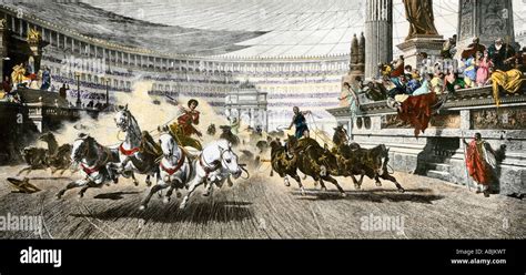 Chariots Racing In The Circus Maximus Of Ancient Rome Hand Colored