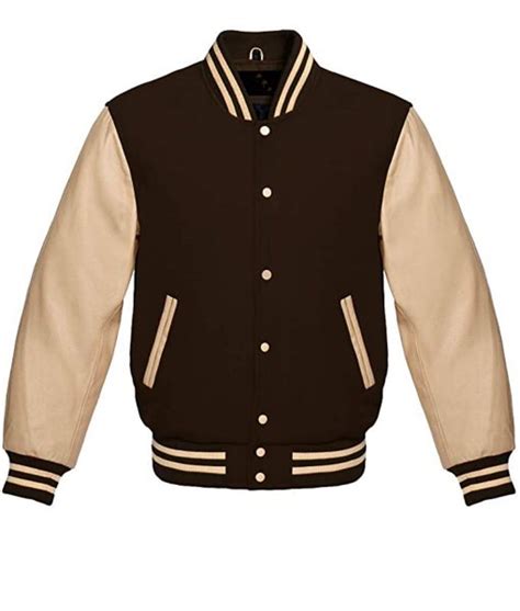 Men's Brown Varsity Jacket with Cream Leather Sleeves - Jackets Creator